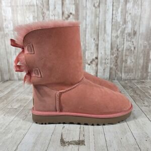 UGG Bailey Bow II Pink Salmon Suede Sheepskin Boots 1016225 Womens 7